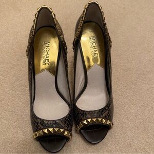 Michael Kors Dark Brown Peep-Toe Heels with Gold Studs